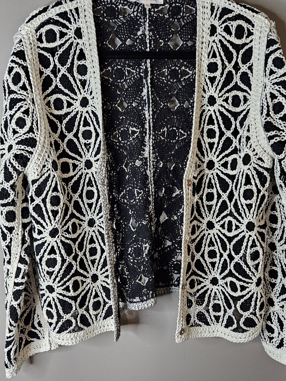Open-Front Crochet Lace Cardigan Sweater in Black and Cream